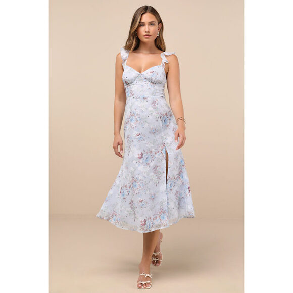 Lulus Delightful Direction Blue Floral Ruffled Tie-strap Midi Dress - Size L - Picture 1 of 1